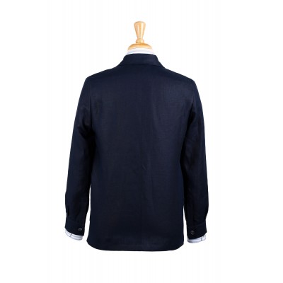 Rear view of our Darcy teba jacket in navy Irish linen.  Classic cut.  No vents.