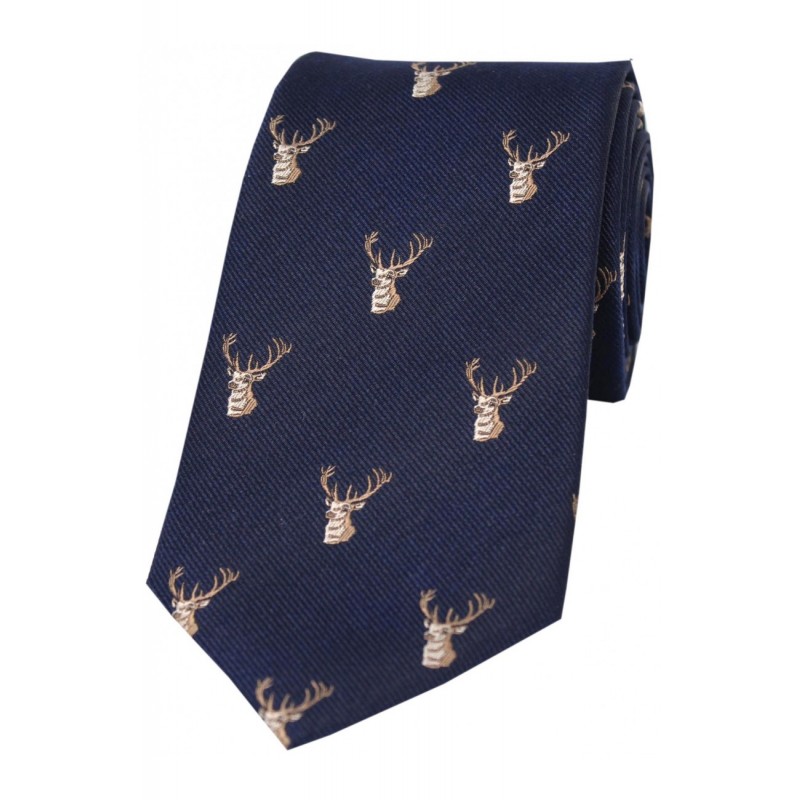 Woven silk tie in navy with stag head design