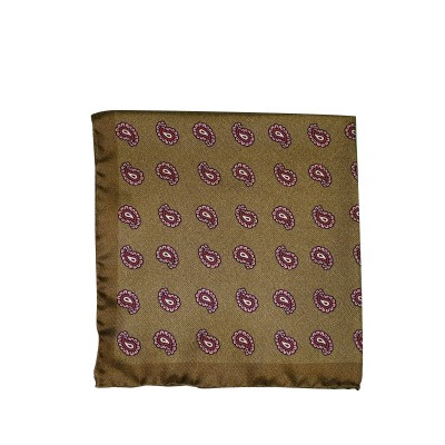 Silk pocket square in olive with burgundy paisley motif.