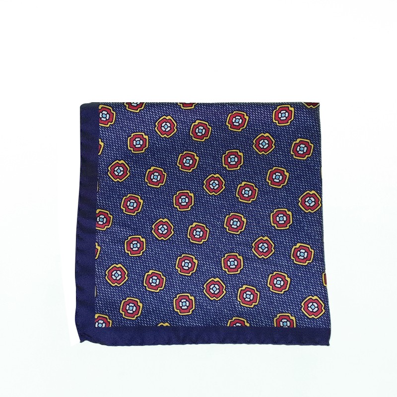 Navy silk pocket square with floral motif.