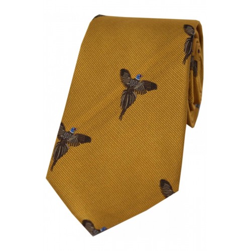 Corbata de seda tejida con motivo de faisan volando sobre fondo dorado.