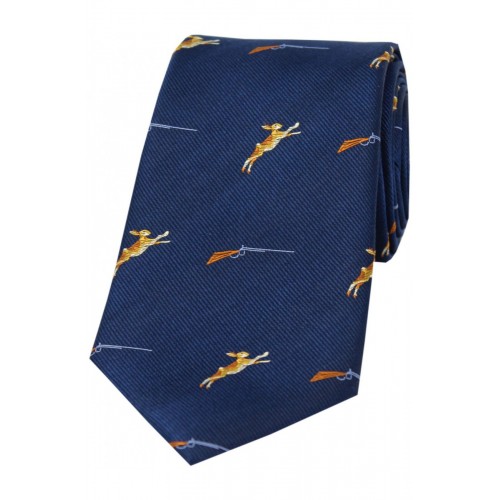 Navy silk hunting tie with hare/shotgun motif