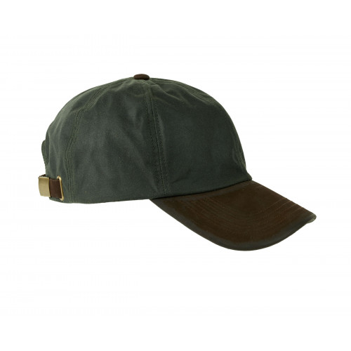 Gorra de baseball en algodón encerado color oliva.  Visera de nubuck.